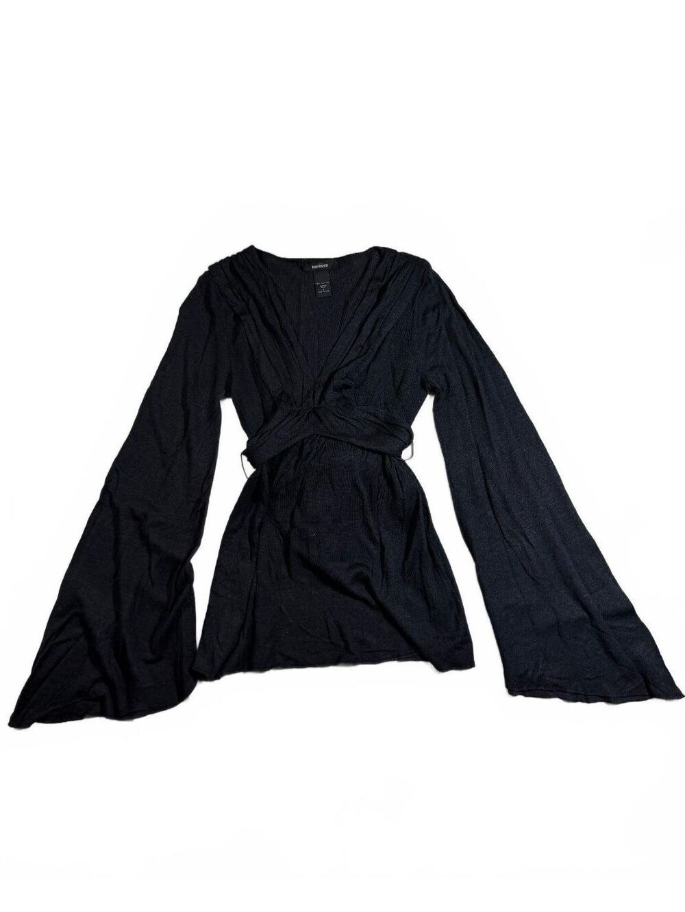 Vintage Express Black 100% Tussah Silk Dramatic Bell Sleeve Tie Back Blouse L